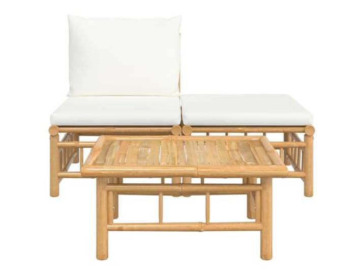KTHLBRH Gartenmöbel-Set, 3-teilig, Bambus, cremeweiß Modulares Sofa mit Fußhocker, Couchtisch, gepolsterte Kissen, Polyester, für Terrasse