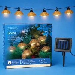 Lumineo Solar LED Lichterkette mit Lampenschirmen in Rattan Optik 2,5m Kunststoff Warmweiß Solarlichterkette Solarkette Gartendeko Partylichterkette Außen