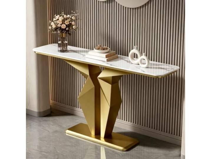 Moderner Konsolentisch mit Steinplatte, schmaler Flurtisch Metallgestell Sintersteinplatte, schlankes Metalldesign, für Flur Eingangsbereich Wohnzimmer(Gold+B,31.5in)
