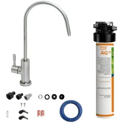 BieTal® Untertisch Wasserfilter Aktivkohle Set mit 1-Wege Hahn Edelstahl matt