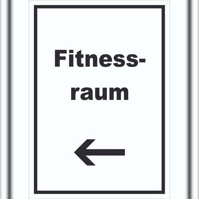 Fitnessraum Schild mit Text und Richtungspfeil links Sport Fit hochkant A0 (841x1189mm)