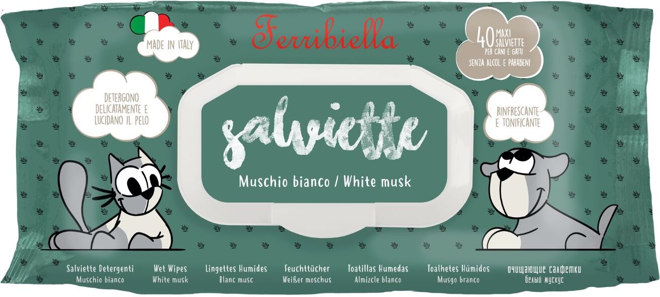 Ferribiella PROMO 12 CONFEZIONI da 40 Pz ! Salviette Detergenti Muschio Bianco per Cani e Gatti