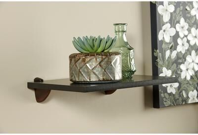 Wallscapes Black Wood Wall Shelf - Classic Display with Bronze Accents