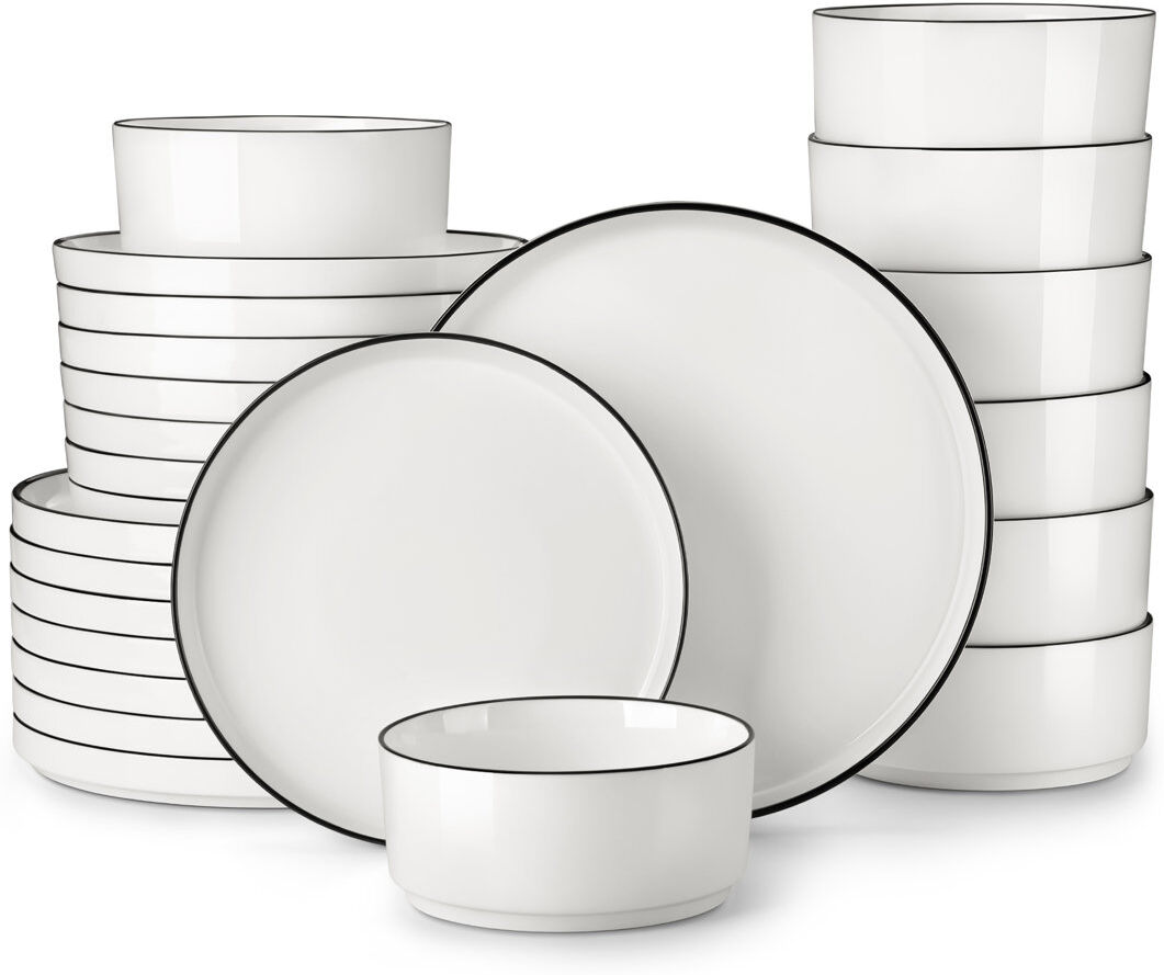 MALACASA 24 Piece Porcelain China Dinnerware Set - Service for 8 White/Black 24