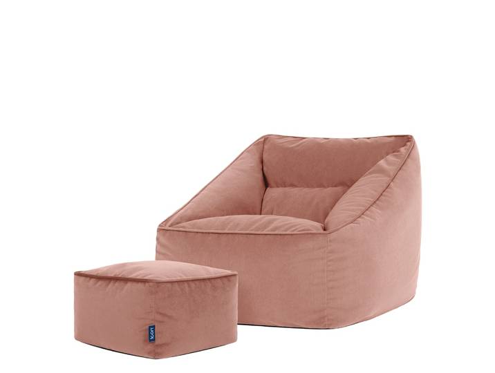 Pouf poire fauteuil avec repose-pied carré velours rose aube