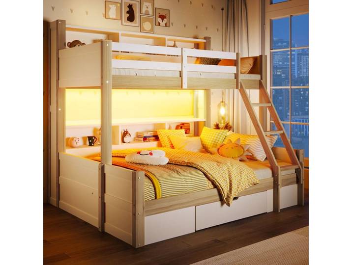 lit adulte superpose 90x200 et 140x200 avec rangement echelle reversible bois blanc naturel EVRYAE