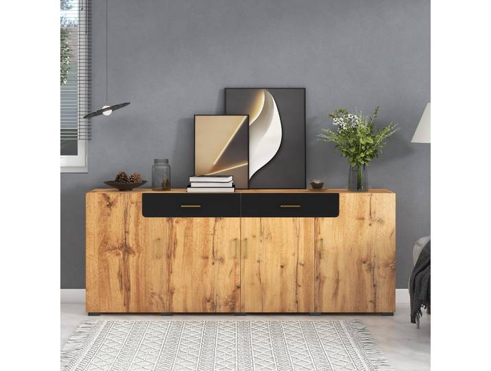 KOMHTOM Buffet Armoire de cuisine 208x39,5x80cm Commode avec 4 portes + 2 boîtes poussoirs, armoire/buffet de rangement