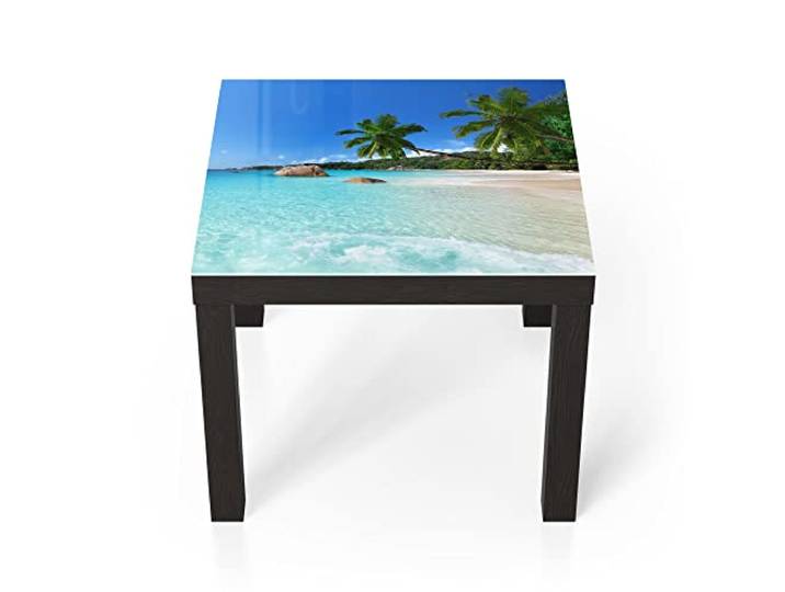 DEQORI Glastisch schwarz klein 55x55 cm Motiv Bilderbuchstrand ausgefallener Beistelltisch aus Glas Hochglanz Couchtisch fürs Wohnzimmer moderner Couch Tisch mit Design