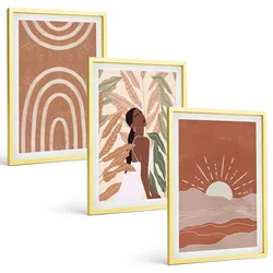 BILDER SET 3er Set - 40x60 cm Goldrahmen - abstrakte Formen im Boho-Stil