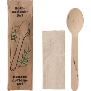 Biozoyg Einwegbesteck DSE06293, aus Holz, einzeln verpackt, Set mit Löffel und Serviette, 500 Sets