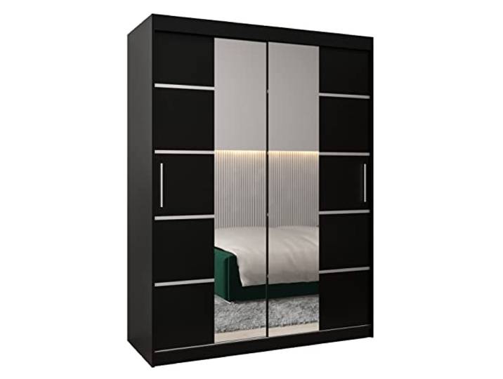 MEBLE KRYSPOL Verona 4 150 Schlafzimmerschrank Schiebetüren Schrank mit Spiegel Kleiderschrank mit Spiegel Schiebetürenschrank Kleiderschrank Schiebetüren – 150x200x62cm - Mattschwarz