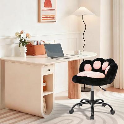 Garvee Teddy Fabric 360° Rotating Computer Chair with Cat Paw Back, Armless Desk Chair Cute Small Office Chair with Wheels