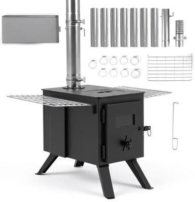 Costway Hot Tent Stove with Ash Tray 8.4 ft Wood Burning Stove with 8 Chimney Pipes and Spark Arrestor-Black