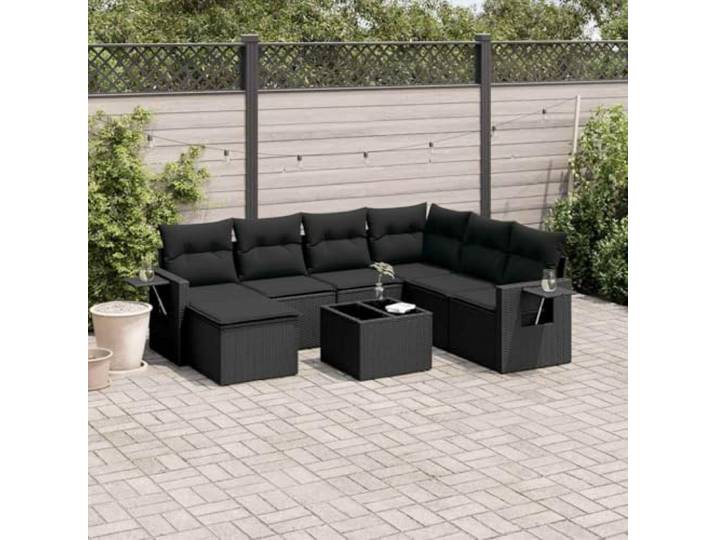 ZQQLVOO 8-TLG. Poly Rattan Sofagarnitur Schwarz Mit Kissen Modulares Design, Hartglastisch, Klappbare Ablagen, Witterungsbestandig, Pflegeleicht