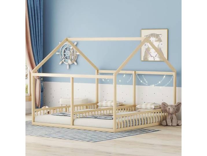 FAVSH Hausbett 90x200 cm, 2-in-1 Bodenbett mit Rausfallschutz und Lattenrost, Hausbett Holz Geschwister Bett für Mädchen & Jungen, Flachbett, Ohne Matratze,Natur