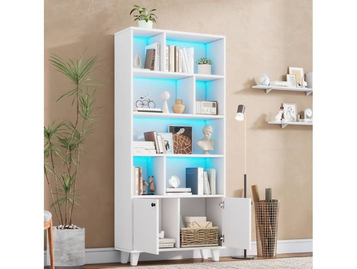 Bibliothèque Blanche 2 Portes Étagère LED FloraGrace Pour Salon App Et Télécommande 80x30x173cm