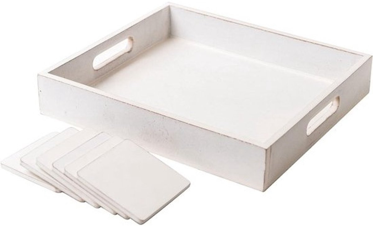 Set van 6 vierkante MDF onderzetters en DIY dienblad met primer voor schilderen en knutselen