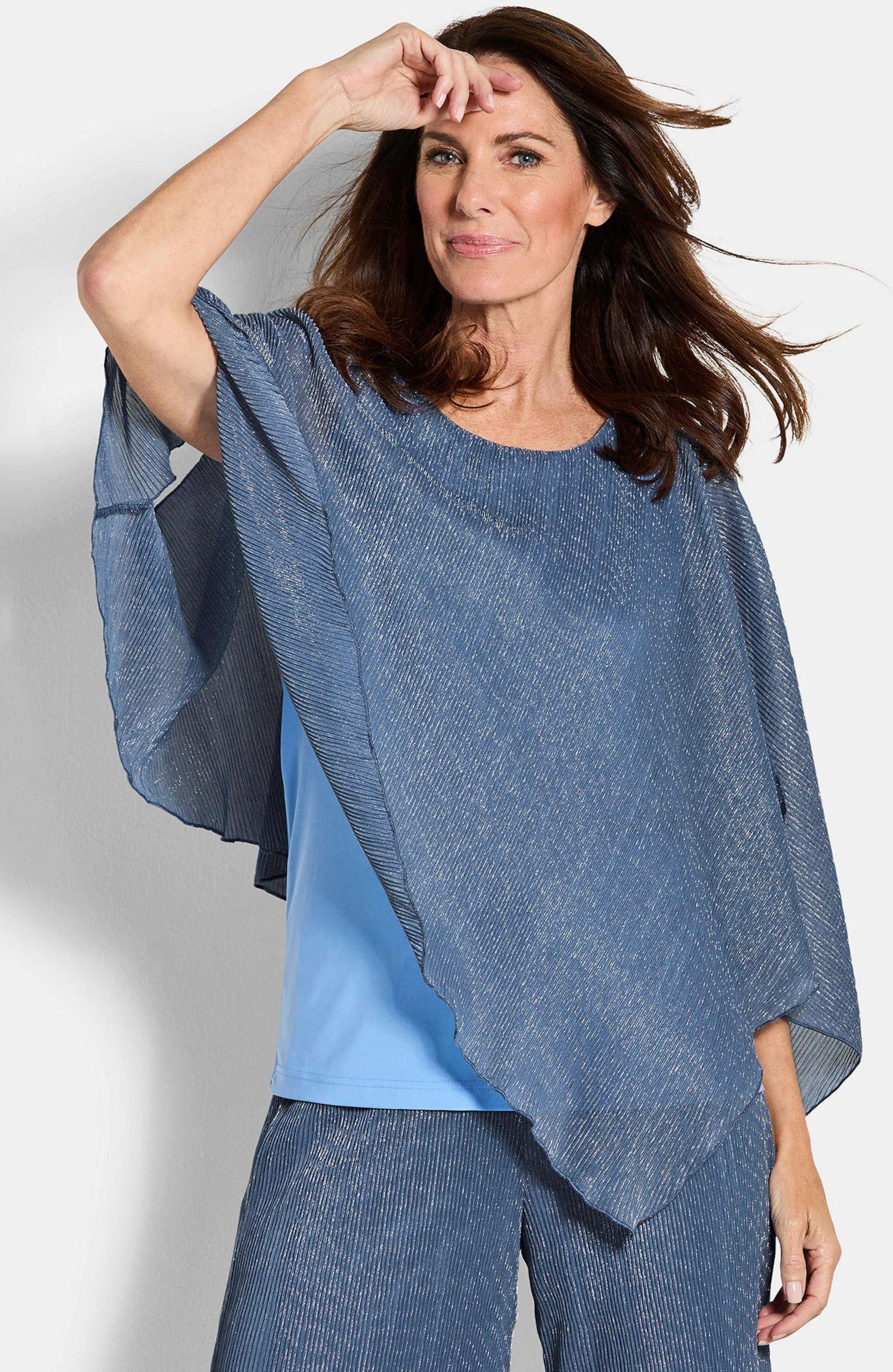 Kurzarmshirt GOLDNER "Asymmetrisches Blusenshirt mit Glanzgarn", Damen, Gr. 48, blau, Obermaterial: 100% Polyester PES., figurumspielend, Shirts Kurzarmshirt, Shirt mit asymmetrischen Überwurf