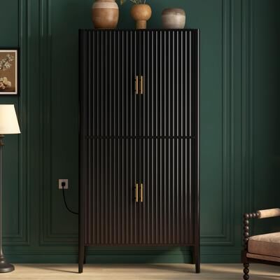 Modern Fluted Wine Cabinet with Glass Display & Stemware Rack, 4-Door Tall Storage Cabinet with Drawer & Adjustable Shelves