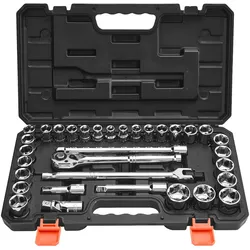 VEVOR Steckschlüsselsatz 33-tlg. 12,7 mm Antriebssteckschlüssel und Ratschensatz, SAE und metrisch, Werkzeugsatz mit Ratschenschlüssel, Verlängerungsstange Tragkoffer, CR-V-Legierungsstahl