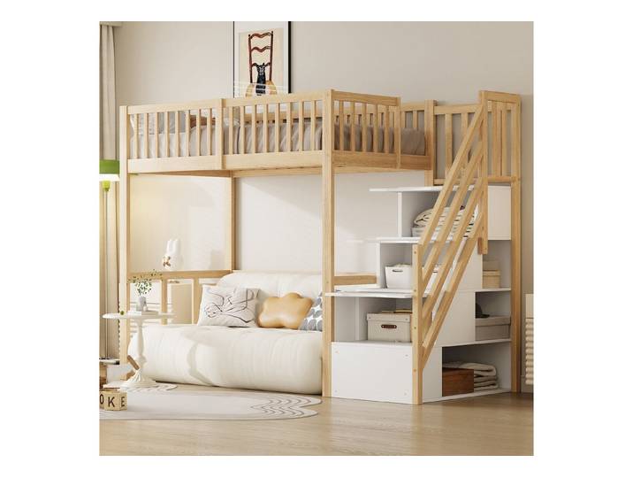 Flieks Hochbett Massivholz Kinderbett Einzelbett 90x200cm mit Stauraumtreppe