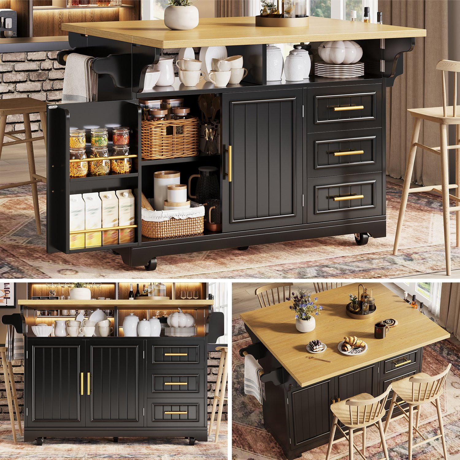 Multifunctioneel Keukeneiland Sideboard met 3 Lades en Verticale Patroondeuren, Zwart, op Wielen