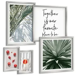 BILDER SET 5er Set - 50x50 cm & 20x30 cm & 40x60 cm Silberner Rahmen - Feiertags-Palmenfrucht-Inschrift