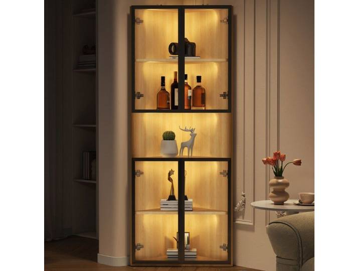 WOVREO vitrine d'angle en verre 62 x 32 x 160 cm avec LED intégrée aspect chêne MDF verre trempé