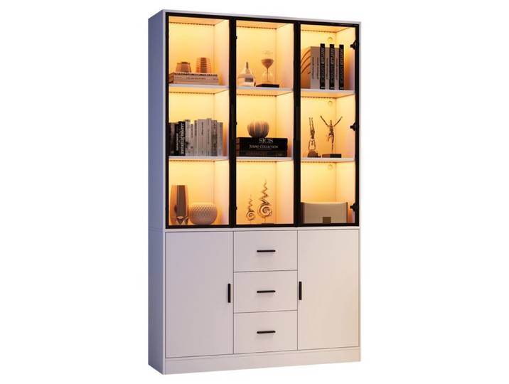 Vitrine LED moderne Blanc mat hauteur 120x30x200 cm Vitrine avec 3 tiroirs 5 portes pour salon