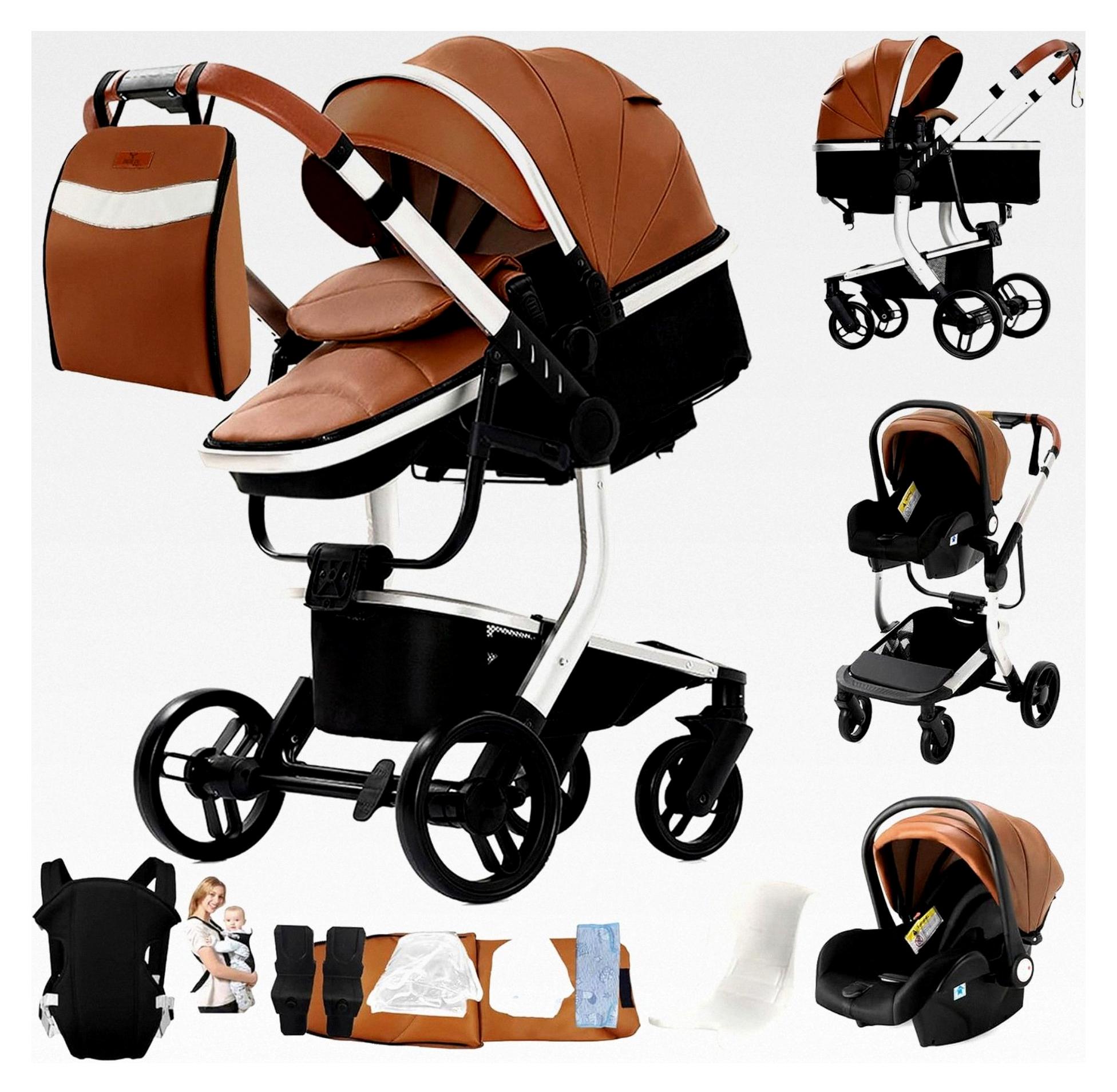 Kunstleder Kinderwagen 3 in 1, Multifunktionaler Kombikinderwagen Komplettset, Aluminium Hohe Landschaft Babywagen, Faltbarer Kinderwagen Set