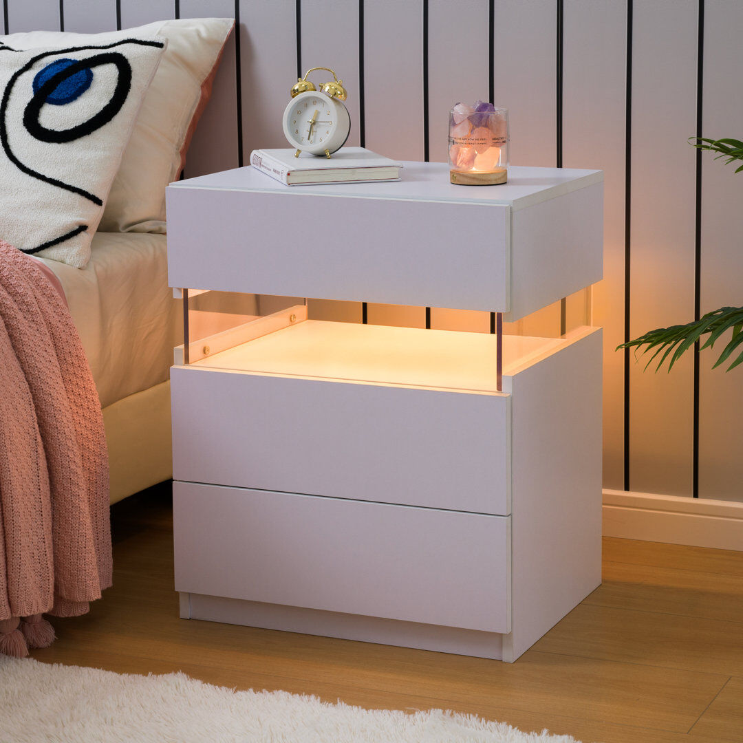 Metro LED Bedside Table Set of 2 with Drawers White 60cm H X 45cm W X 37.5cm D