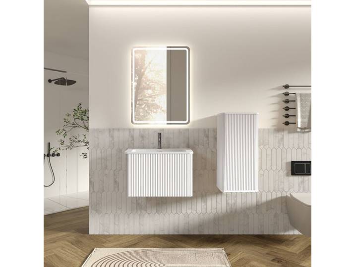 Ensemble meuble de salle de bain - ZEVKOR - Mural LED - Vasque intégrée - Colonne latérale - Blanc mat