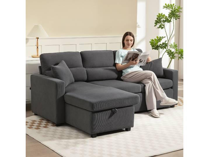 HOMCOM Canapé-Lit en L avec Rangement Gris Foncé