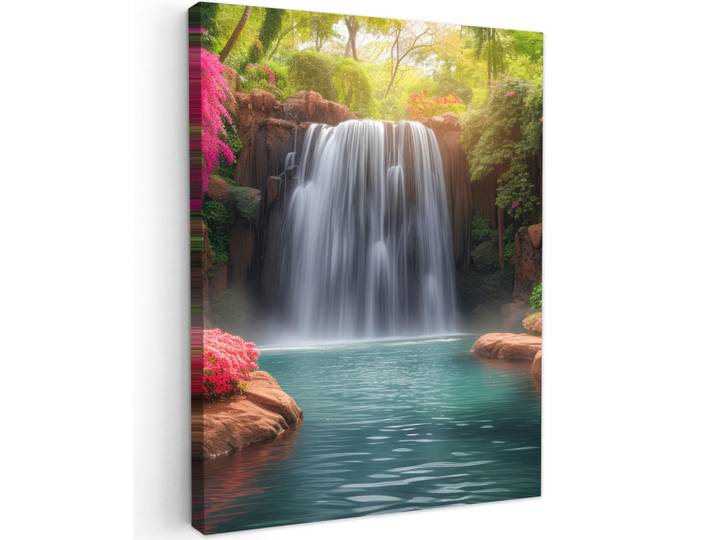 MuchoWow Leinwandbild - Wasserfall - Natur - Pflanzen - Dschungel - Wasser - 60x80 - Gemälde, Grün, Textil, Kiefer, Abstrakt, Rechteckig, 60x80 cm, gerahmt, Bilder & Rahmen, Bilder, Wandbilder