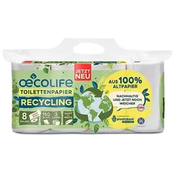 Oecolife Recycling-Toilettenpapier 3-lagig 8 Rollen (1 Pack à 8 Rollen) weiß