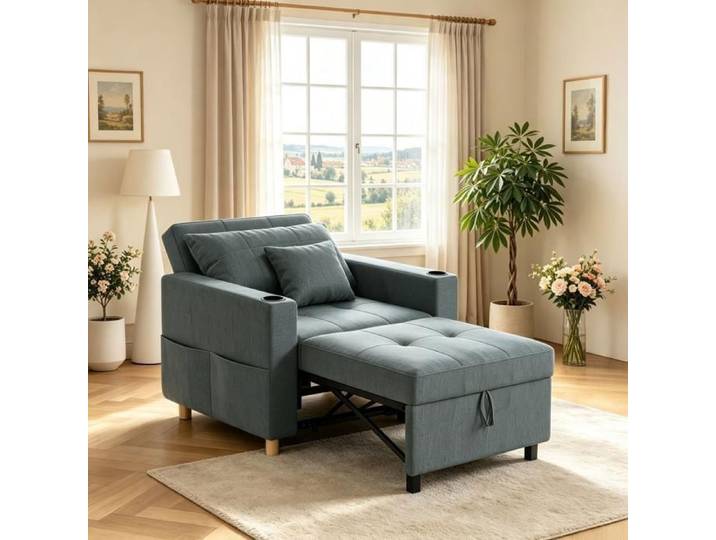 YODOLLA Fauteuil Convertible 1 Place 3-en-1 Chauffeuse avec Rangement Beige Canapés Divans-Gris