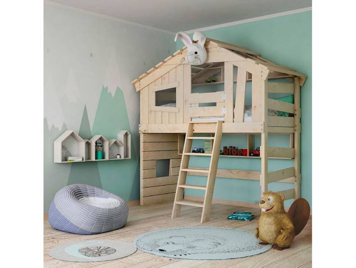 bibex Hochbett ALPIN CHALET Hochbett, Kinderbett, Etagenbett, Hausbett - natur 90x200