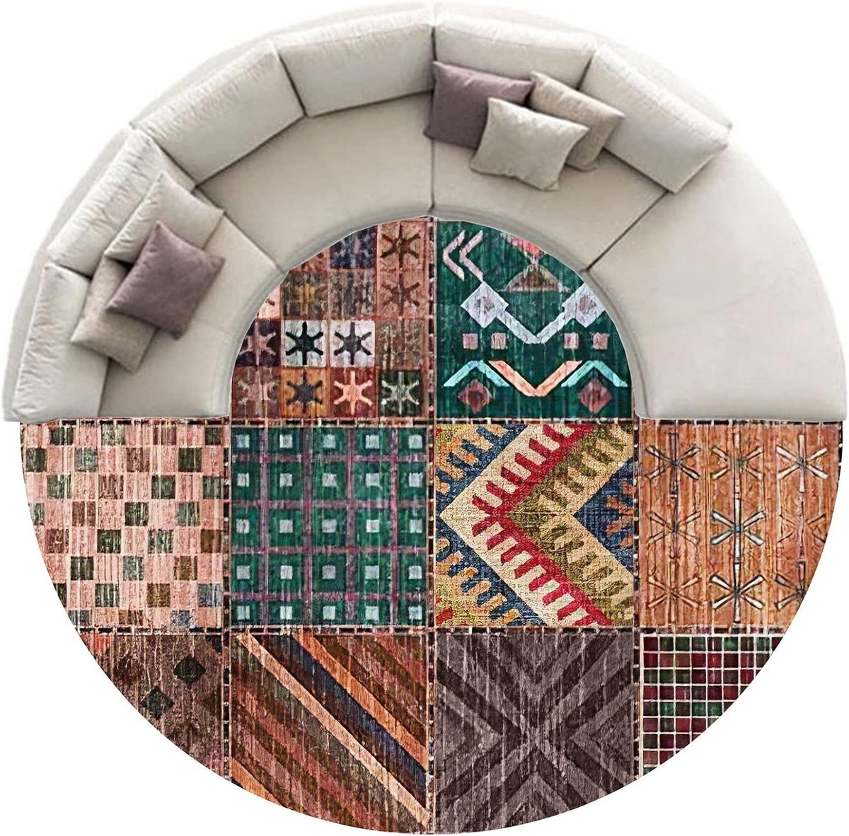 Rond Patchwork Vloerkleed met Vintage Ontwerp - Veelkleurig