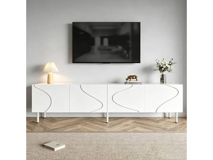 Meuble TV 170cm Table TV aux Lignes Courbes tridimensionnelles 4 Portes à Ouverture par Simple Pression Meuble Bas pour Salon