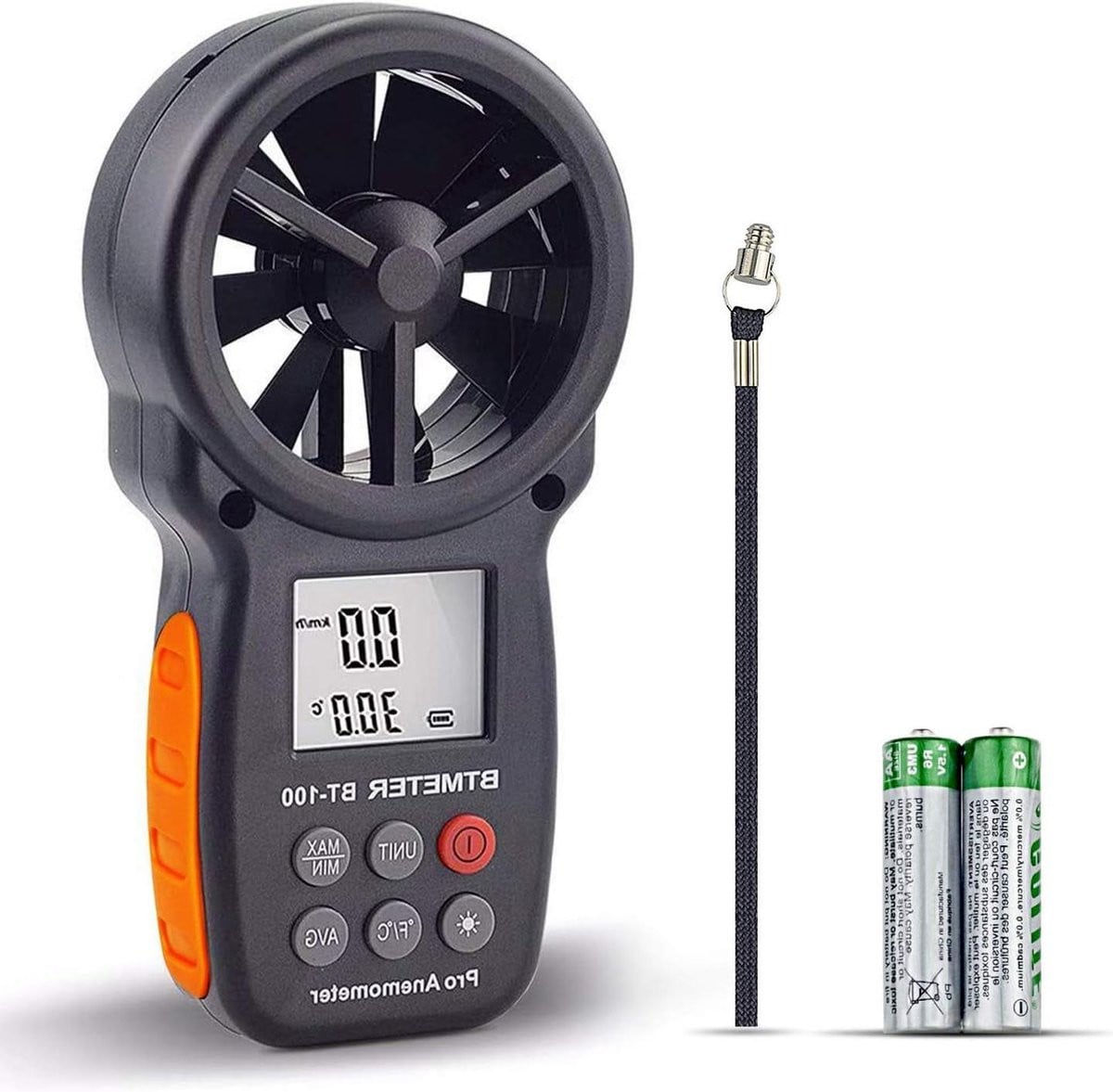 Digitale Handheld Windmeter met LCD-achtergrondverlichting voor windsnelheid in CFM en MAX/MIN/AVG metingen