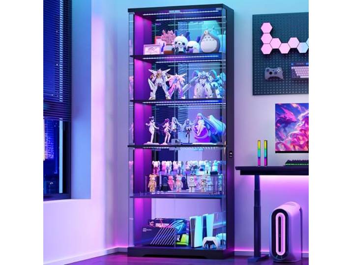 TAGELIER Glasvitrine mit RGB-Beleuchtung und Glastüren, Schwarz 175cm Vitrine, 5 Ebenen Verstellbare Böden, Abschließbar, Wooden Frame, Collectibles Display