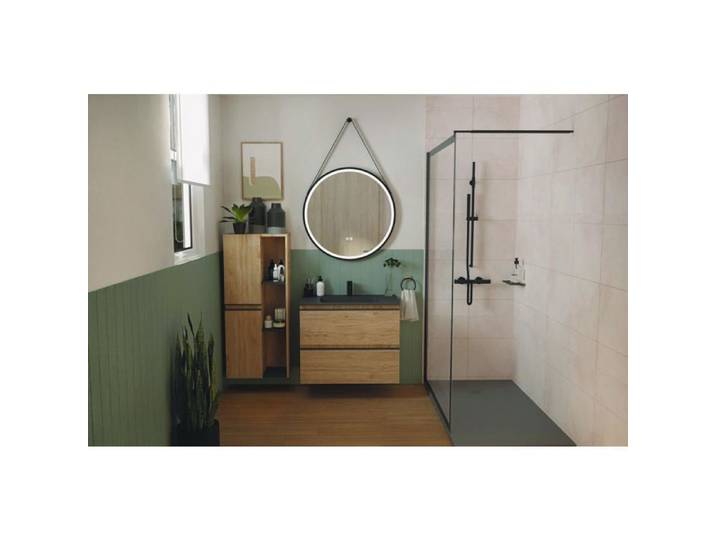ONDEE ZEN Meuble salle de bain ÉBÈNE - 80cm - Bois - 2 tiroirs - Plan noir