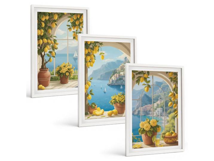 Tulup Bilder SET 3er Set - 40x60 cm Weißer Rahmen - Meereslandschaften, Zitronen, Fenster, Kunststoff, Rechteckig, 40x60 cm, Fotografie, Bilder & Rahmen, Bilder
