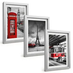 BILDER SET 3er Set - 20x30 cm Silberner Rahmen - Ikonen London Paris Verkehr