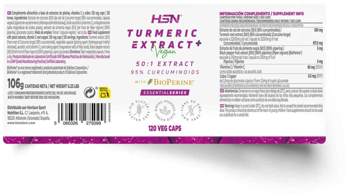 HSN Extrato de curcuma (50:1) 650mg + BioPerine® - 120 veg caps - Saúde articular - Cápsulas Vegetales - 120 Serviços