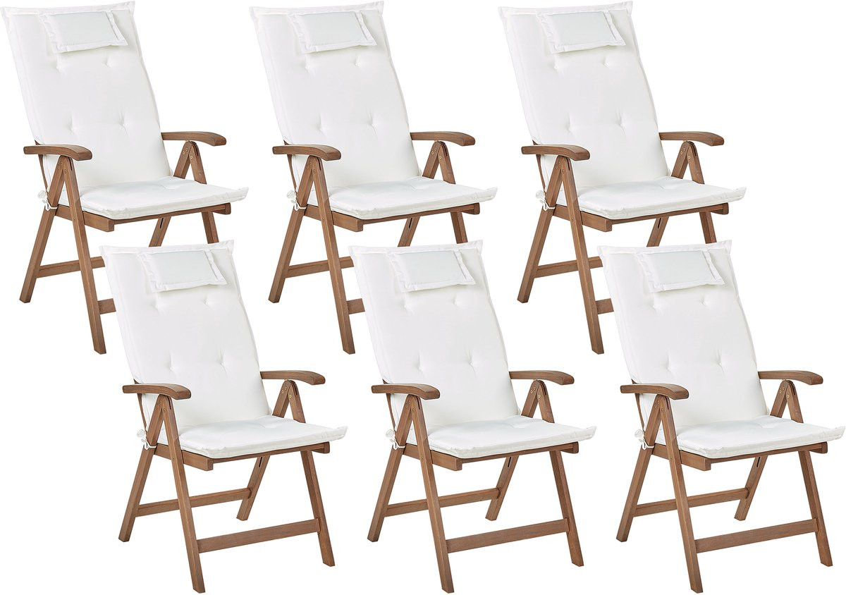 Amantea Set van 6 Rustieke Tuinstoelen van Acaciahout met Witte Kussens en Armleuningen - Donkerhout