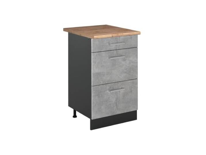 Vicco Küchenunterschrank R-Line, Beton/Anthrazit 50 cm 3 Schubladen · Arbeitsplatte Eiche · Höhenverst. Füße · Leichter Zugriff · Frei kombinierbar
