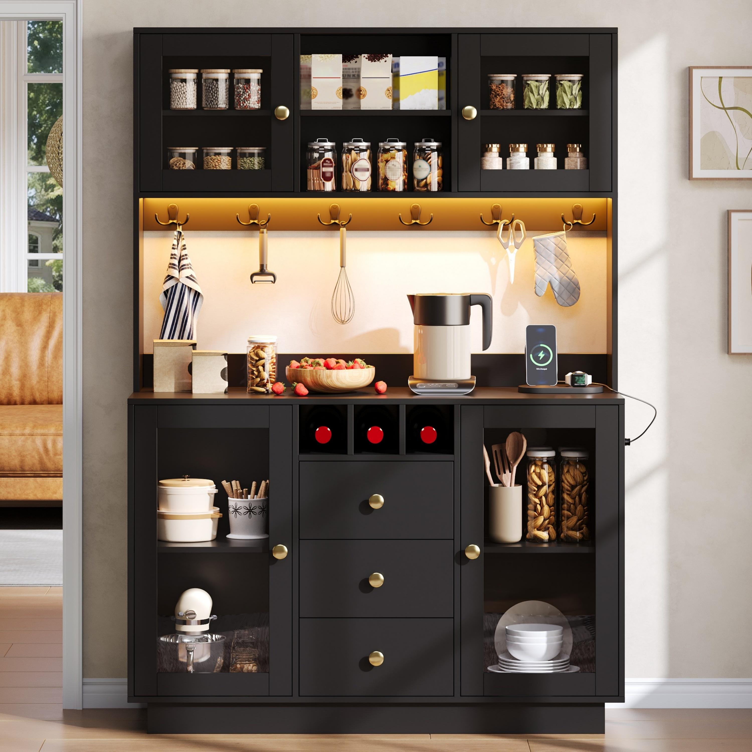Hoher Küchenschrank mit LED-Beleuchtung, 120x40x170cm, 3 Schubladen, 4 Fächer, Steckdosen und USB-Anschlüsse, schwarz