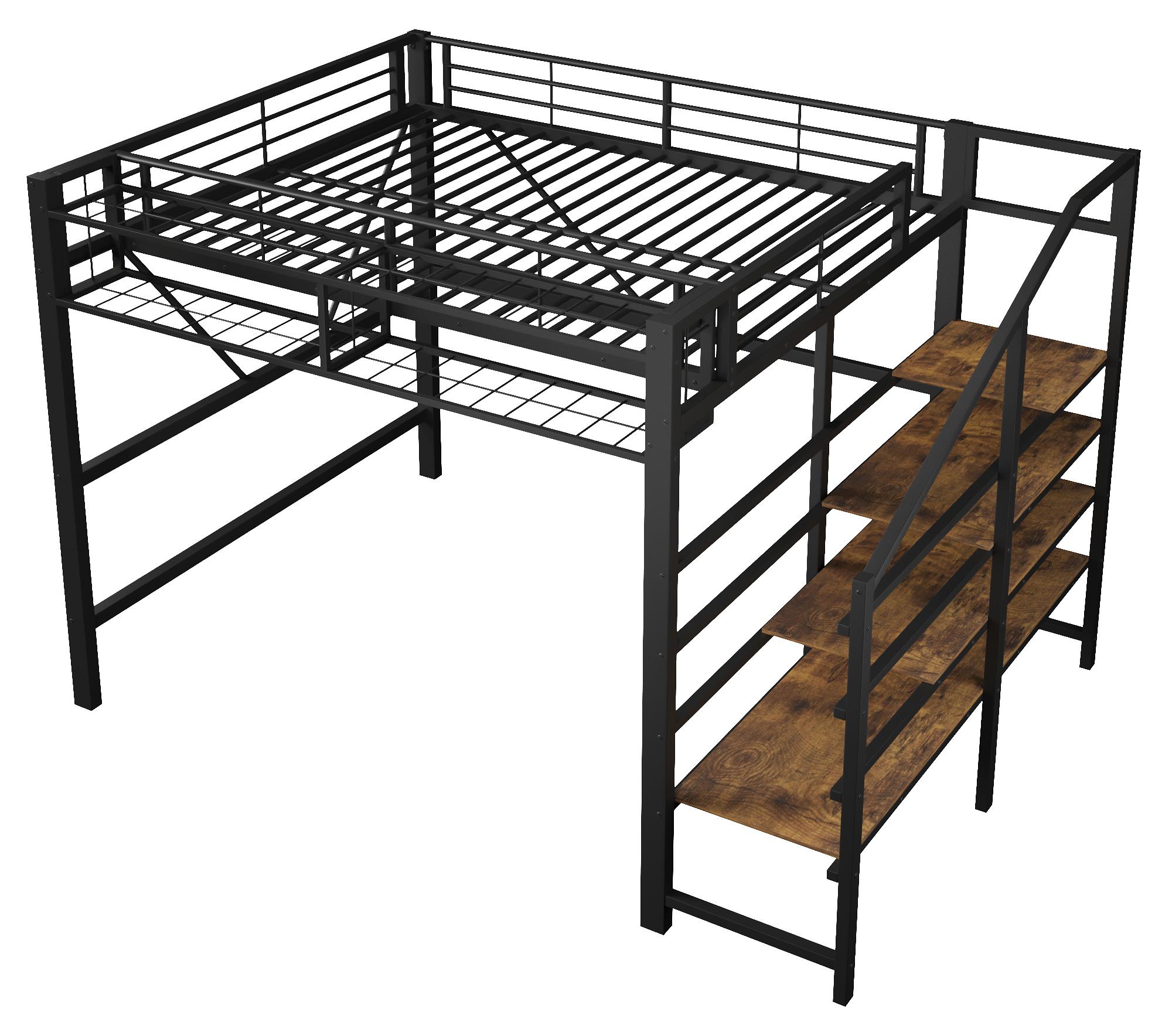 Etagenbett 140x200 cm - Metallbett mit Treppe - Gitter-Design - Stauraumkorb - Offener Stauraum unter dem Bett - LED-Lichtleiste - Schwarz