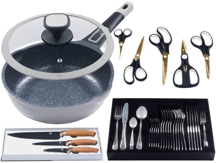 KING Bratpfanne Küchenstart, Aluminiumguss (Set), Küchenmesser, Scheren, Besteck, Bratpfanne + Deckel Ø 24 cm,Induktion